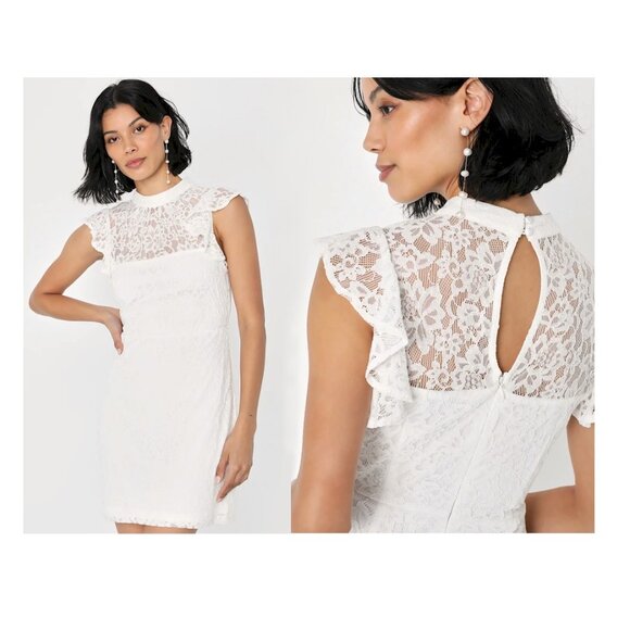 Lulus Romantic Disposition White Lace Mock Neck Bodycon Mini Dress Small New NWT - Picture 3 of 5